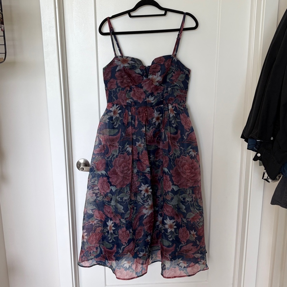 Lulus Cherished Aura Navy Blue Floral Organza Bustier Midi Dress - Picture 2 of 4